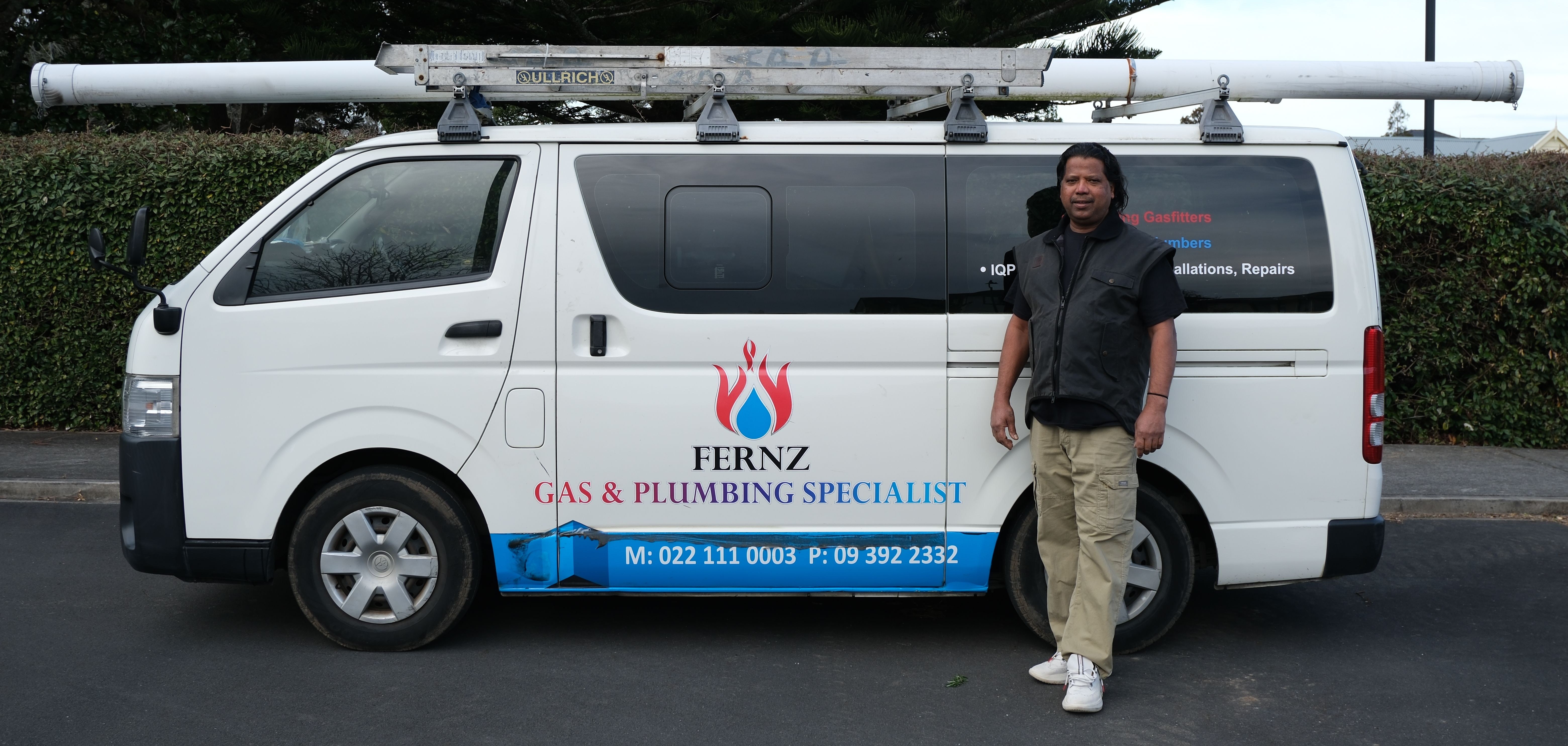 Savio Fernandes with the Fernz Gas & Plumbing Specialist van